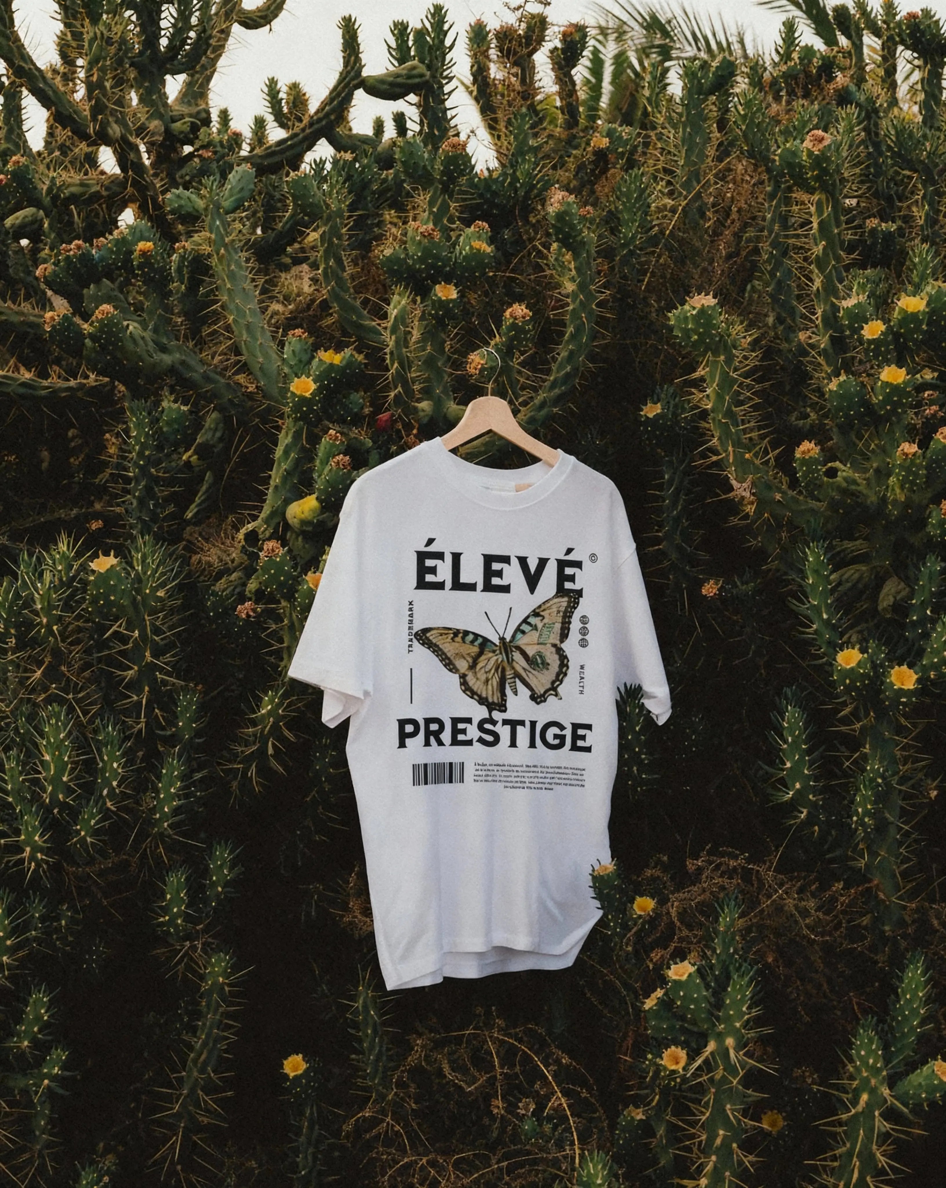 ÉLEVÉ Prestige Butterfly T‑Shirt White mit großem Butterfly Backprint, hängend vor Kakteen – Premium Streetwear Produktfoto