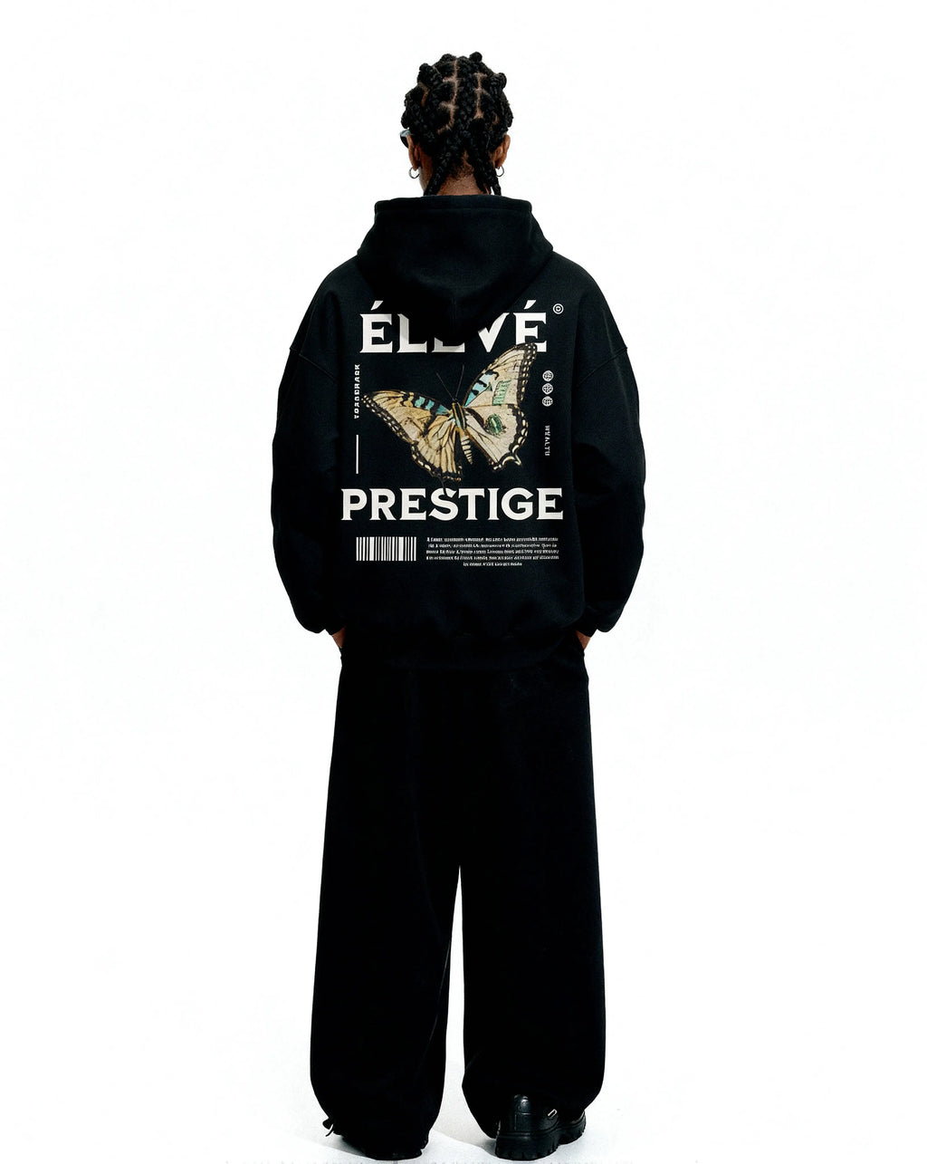 ÉLEVÉ Prestige Hoodie Black Rückansicht – schwarzer Premium Unisex Hoodie mit großem Butterfly Backprint und Prestige Schriftzug